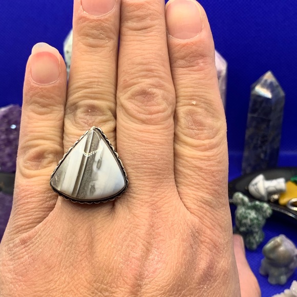 Comfort Curl Natural Blue Opal Adjustable Ring! .925 Sterling Silver Overlay - Picture 9 of 17